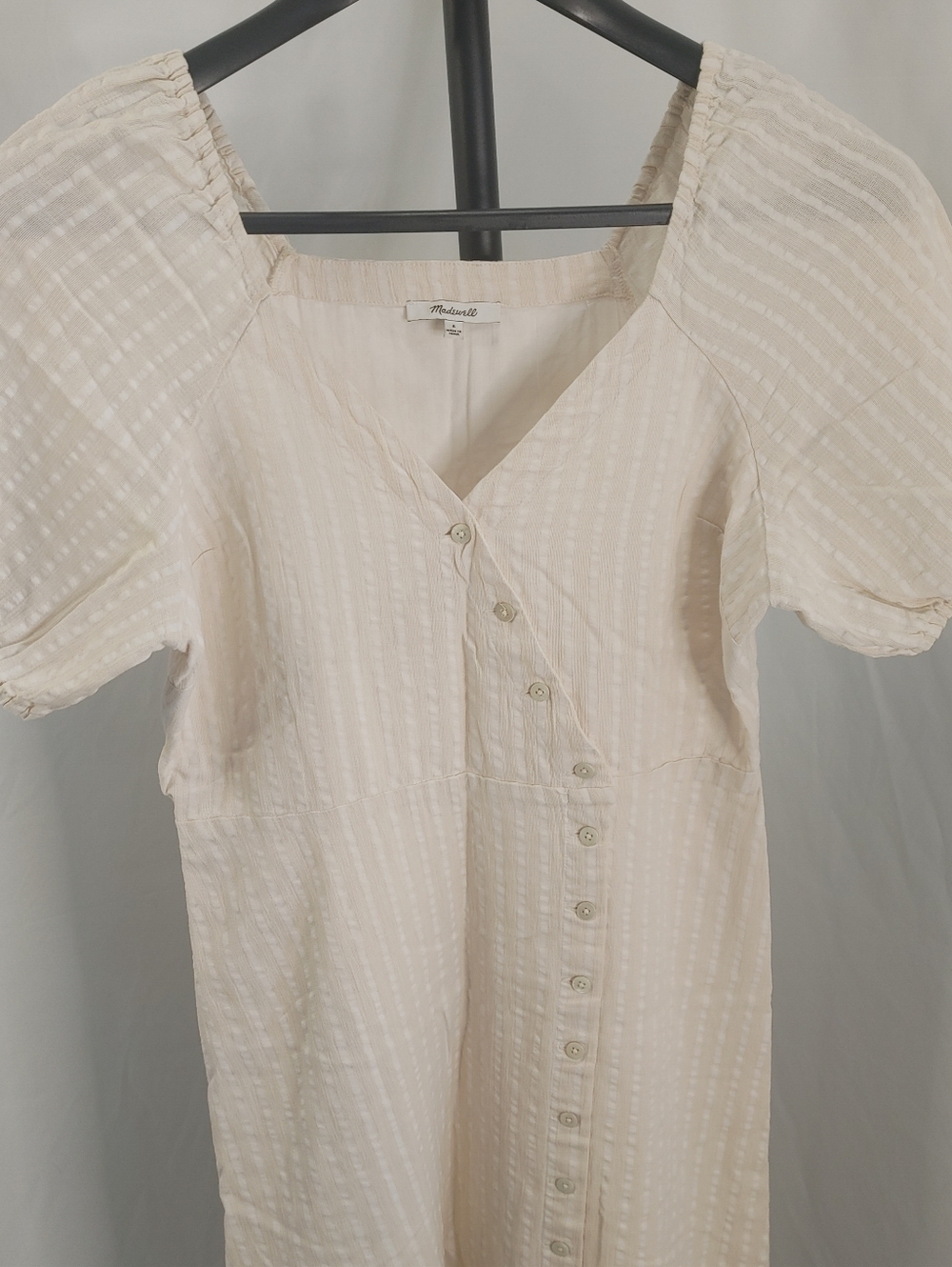 Madewell Cream Textured Button Front Midi Dress Size 6 Puff Sleeve - Picture 3 of 11